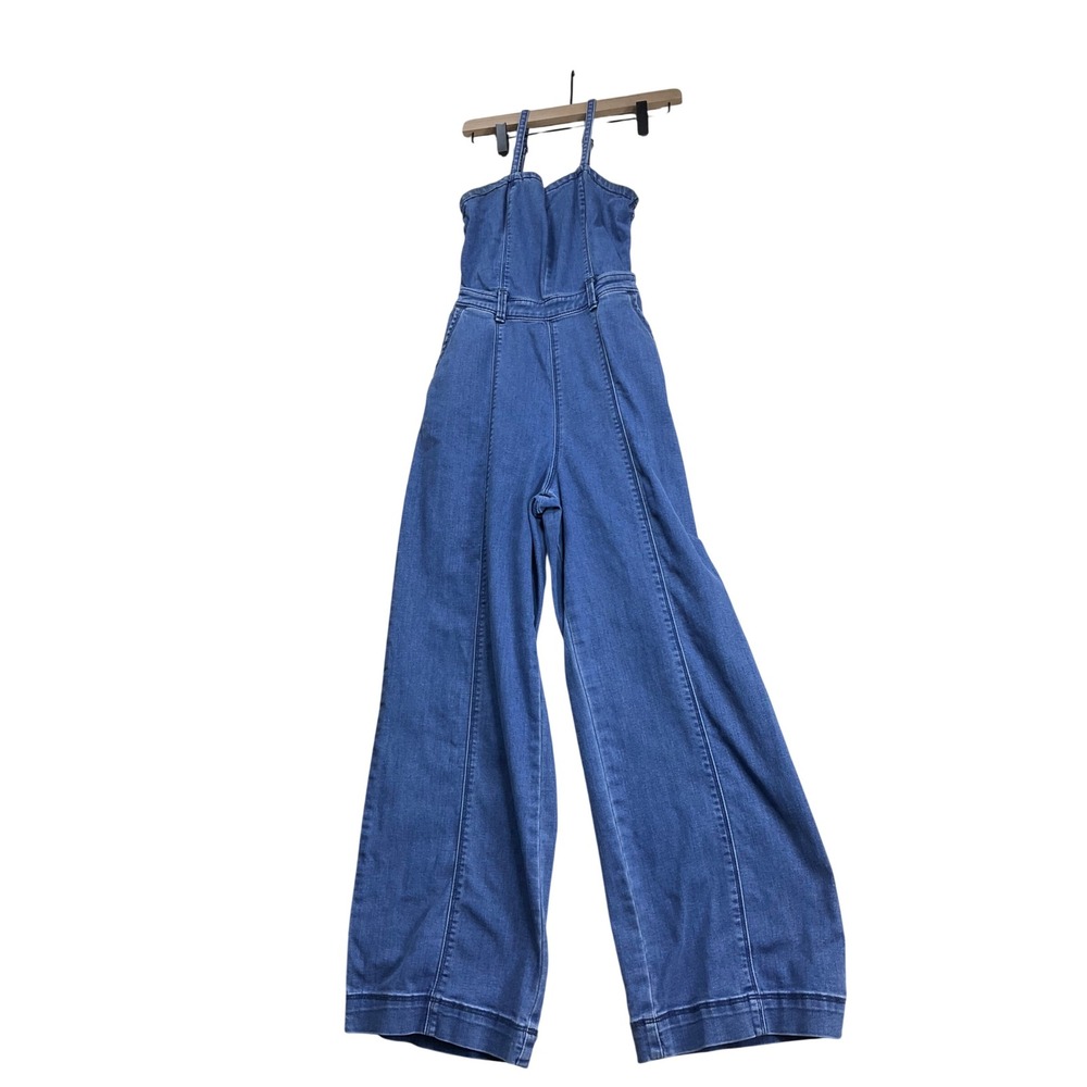 Hollister Denim Jumpsuit Wide Leg Smocked Back Medium Wash Blue Small Regular